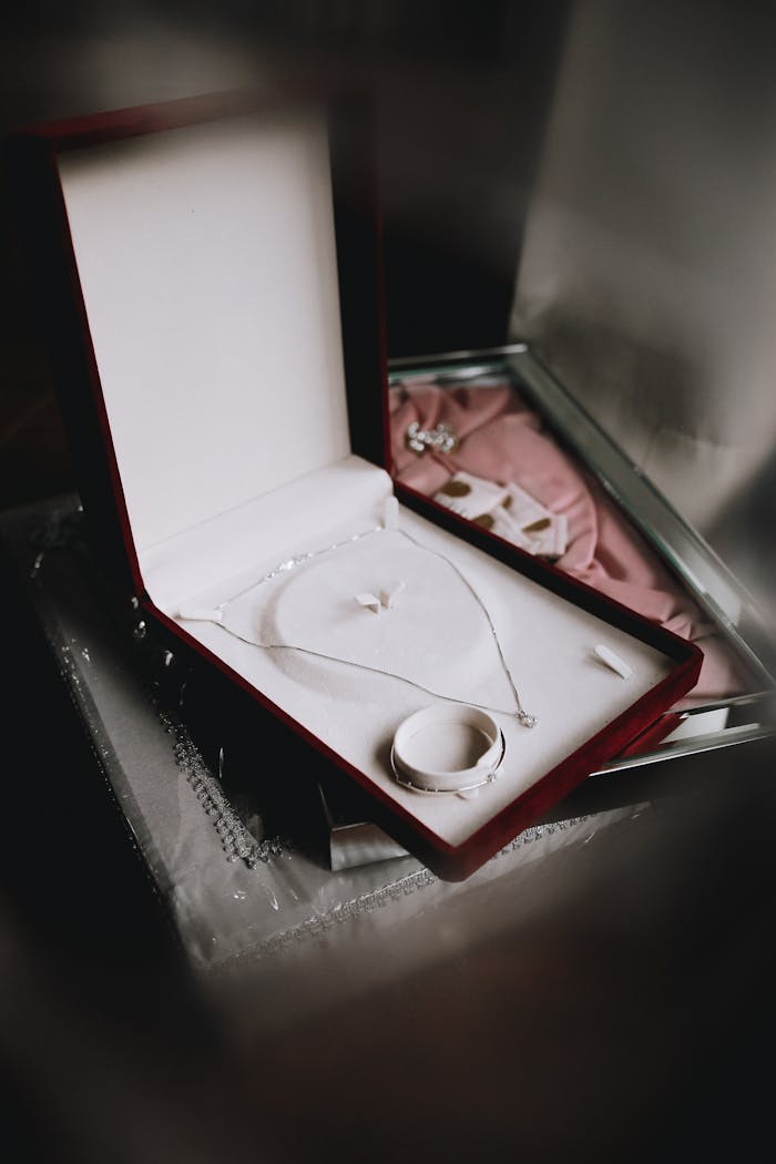 Home Beautiful silver necklace and bracelet in a luxurious open jewelry box, perfect for gifts.