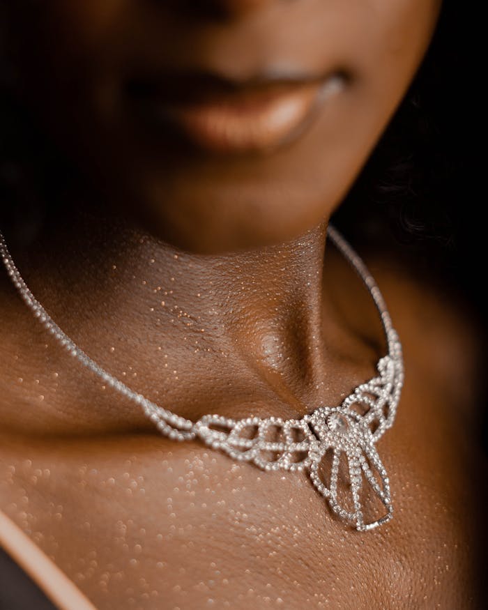 The Art of Drawing Readers In: Your attractive post title goes here Close-up of a woman wearing an elegant diamond necklace, showcasing luxury and style.