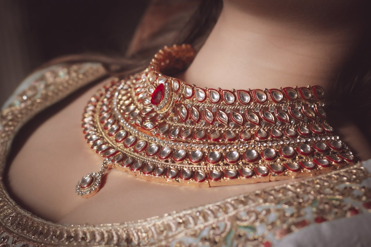 Home Close-up of intricate Indian bridal necklace showcasing gold and Kundan craftsmanship.
